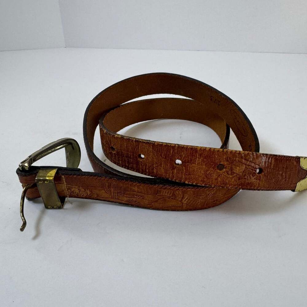 Vintage Harness Leather  Thru The Loop Western Belt with Cactus Design 36